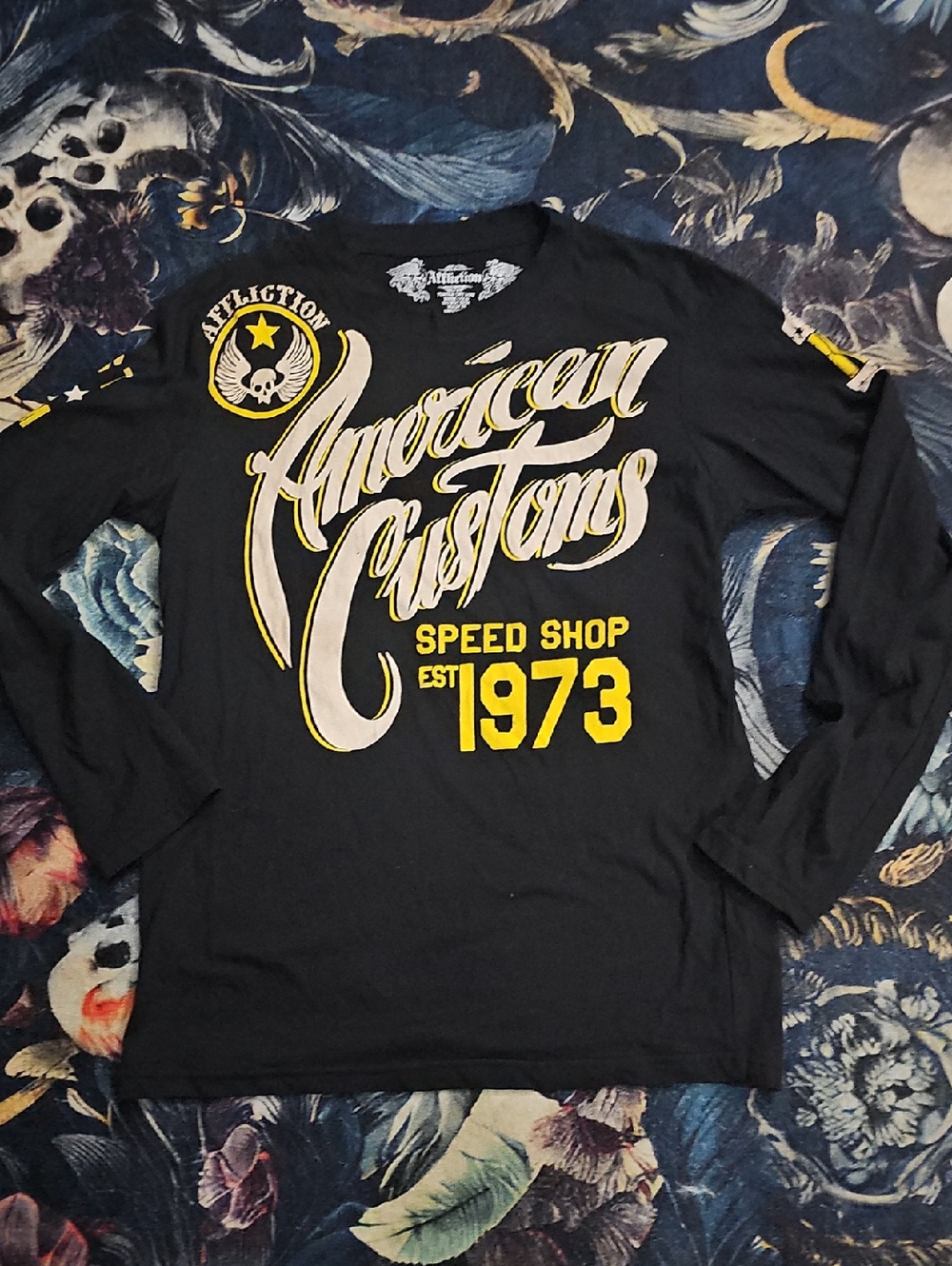 Affliction Black Long Sleeve "American Customs" Shirt with Yellow Accents